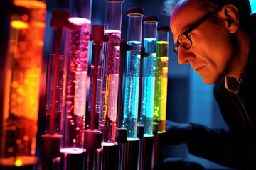 Inside a bustling laboratory, a biochemist meticulously mixes vibrant solutions in test tubes, unraveling the mysteries of chemical reactions in biology