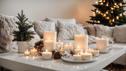 Candles, pine cones, garland, Christmas tree on the table in the living room