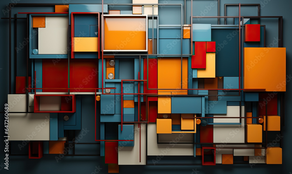 Poster dark background with colored 3d rectangles of different sizes.