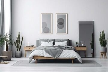 Empty frame on white wall in modern gray bedroom with wood floor, rug, tables, lamps, decor, and plants. Generative AI