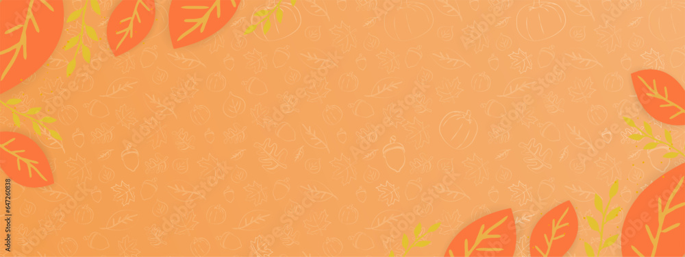 Poster autumn banner template with pattern of hand drawn autumn elements in grunge chalk style with frame o