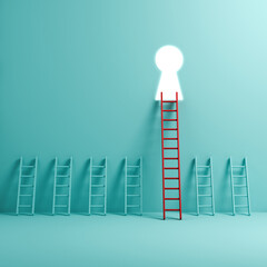 Stand out from the crowd business key to success and leadership concepts the long red different ladder aiming to bright key hole on light blue green pastel color background with shadows 3D rendering