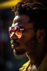 Portrait in profile of a dark-skinned guy with a beard in bright mirrored glasses and piercings in his ear