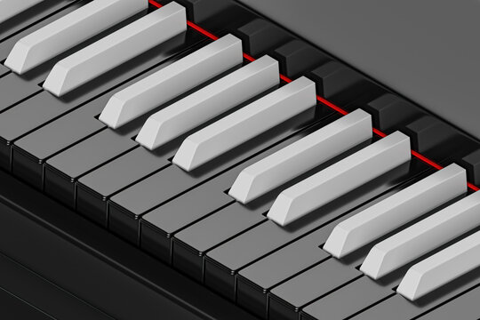 3d illustration digital piano or synthesizer with inverted colored keys. Isometric closeup of 3d render of piano keys