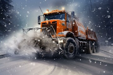 Snowplow salting road, orange truck deicing street, crystals dropping, winter vehicle in action. Generative AI - obrazy, fototapety, plakaty