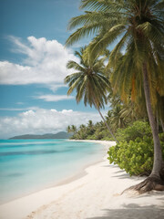 Tropical paradise with a white sand beach, crystal-clear waters and palm trees