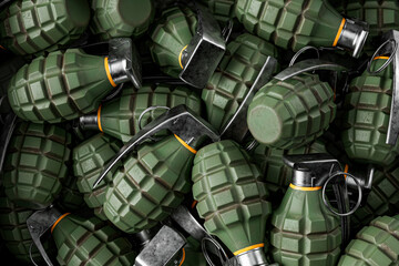 A bunch of metal hand grenades laying in box. A dangerous weapon of war, symbolizing violence. 3D illustration for military and combat equipment. Throw bombs