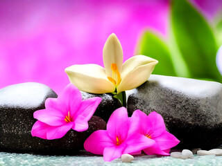 spa massage stones with pink flowers on defocused wellness background.