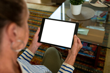 Seniorin Frau Tablet Display Hand halten Vorlage