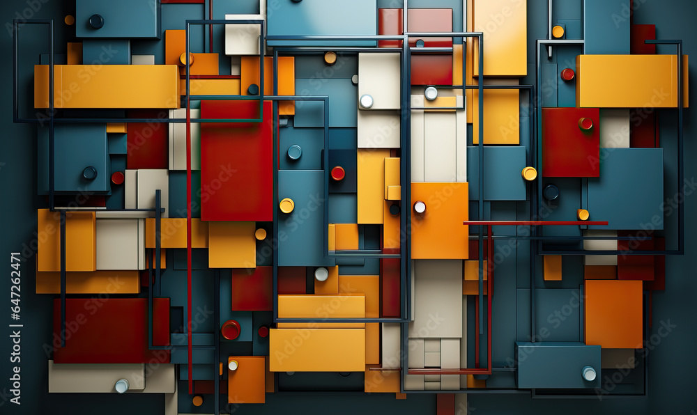 Poster dark background with colored 3d rectangles of different sizes.
