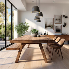 Interior design of modern dining room, dining table and wooden chairs. Poste on the white wall 