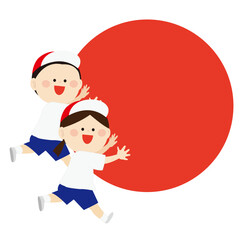 大玉転がしをする赤組の子供たちのイラスト