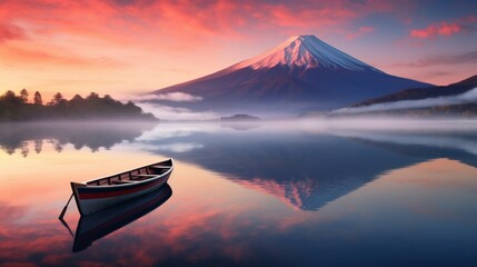 Beautiful scenery during sunrise of Lake on the waterfront and Mountain Fuji background. Travel and Attraction Concept