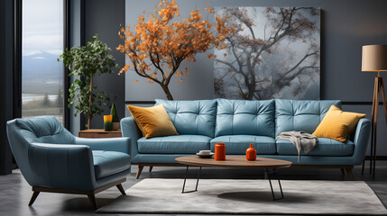 Interior design of modern living room with blue sofas and gray armchair