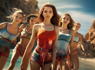 A group of young women in swimsuits