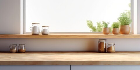 Fototapeta na wymiar Wooden top on background of modern kitchen with window.