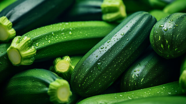Pile of fresh zucchini on a farmer´s market. Natural, delicious food background.