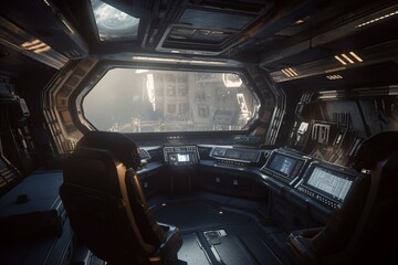Interior of spacecraft with view of planet. Generative AI