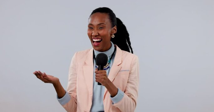Black woman, news and microphone, journalist and press with media, live broadcast on TV on white background. Talk show, public relations and multimedia with communication and announcement in studio