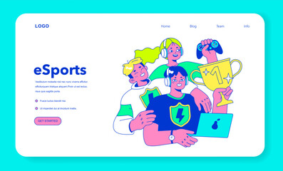 E-sports player web banner or landing page. Character playing video games