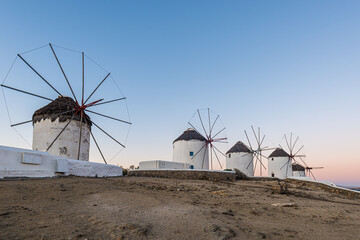 Fototapeta na wymiar Mykonos windmills in Cyclades Archipielago, Greece.