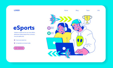E-sports player web banner or landing page. Character playing video games