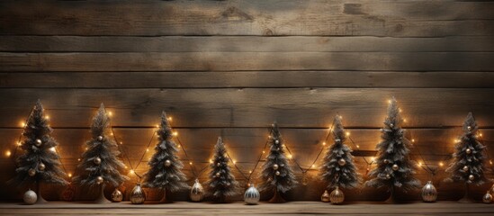 A wooden Christmas tree with garland on a wall