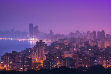 Mumbai cityscape transforming into purple during twilight. Generative AI