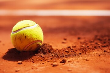 Closeup of yellow tennis ball splashing on red clay courts, vertical banner with copy space and illustration. Sport graphic. Generative AI