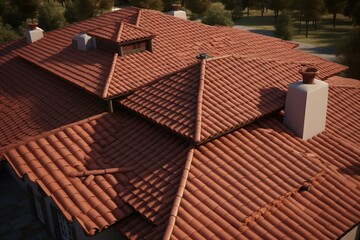 A rendered 3D red clay tile design for house roofing. Generative AI