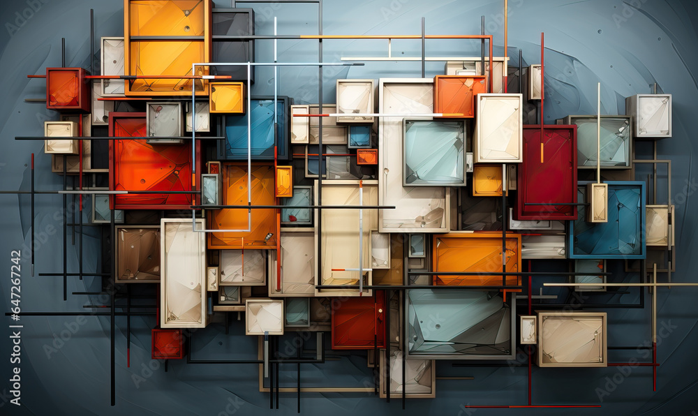 Poster dark background with colored 3d rectangles of different sizes.