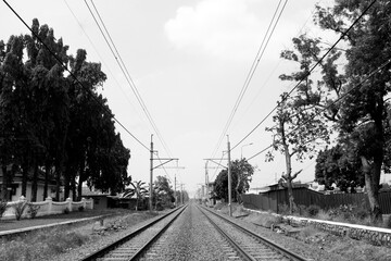 black and white railway tracks in Asia, can be used as an article background