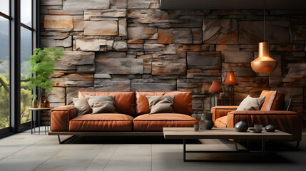Leather terra cotta sofa near stone tiled 3d panel wall. Interior design of modern living room - obrazy, fototapety, plakaty
