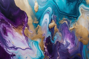 Abstract art with purple and turquoise tones, featuring marble swirls and agate ripples. Beautiful, natural background with golden powder. Generative AI - obrazy, fototapety, plakaty