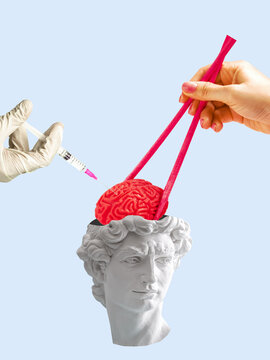 Ancient statue bust with open head and hand with chopsticks holding it's brain and hand with syringe.