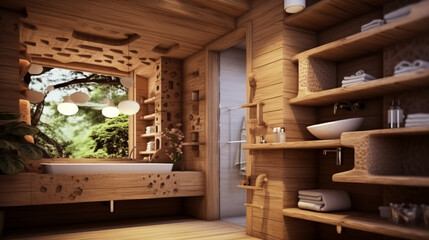 Wooden bathroom design with window , design 