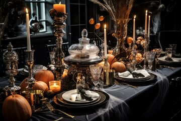 Fototapeta na wymiar Halloween-themed dining table. Generative AI