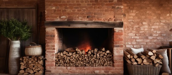 A pile of firewood in a rustic cottage fireplace with red bricks