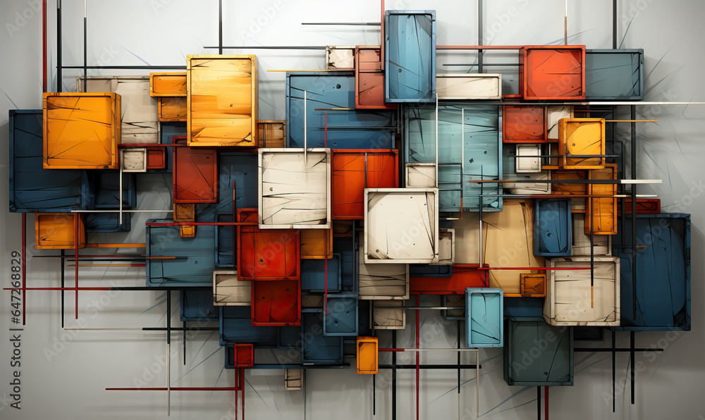 Poster light background with colored 3d rectangles of different sizes.