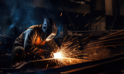 Welder in a protective mask while working in an industrial plant.