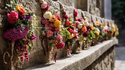 Burial niches decorated with flower bouquets. Close-up side view. Day of the Dead traditional ritual decoration