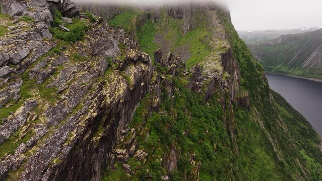Aerial view close to a mossy green mountain wall, rocky coastline of Lofoten islands, Norway.