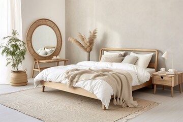 Close up of a modern, wooden Scandinavian bedroom with rattan furniture in white tones, a double bed with bedding, a mirror, and decorations. Generative AI
