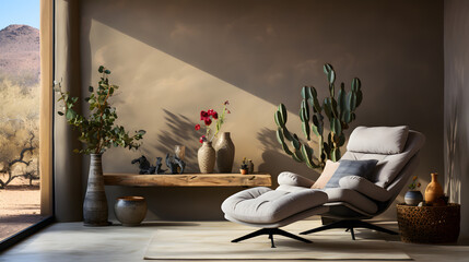  Lounge chair against of window near beige stucco wall. Rustic interior design of modern living room in country house