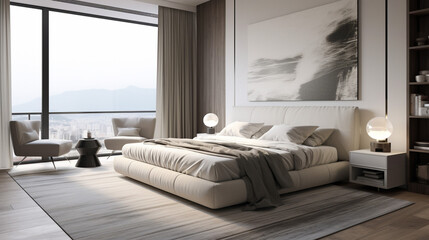 modern and light bedroom with big windows and grey and white furniture