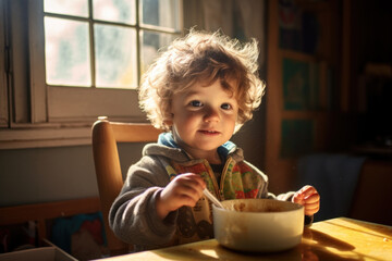 Toddler eating breakfast in a warm inviting home kitchen. - obrazy, fototapety, plakaty