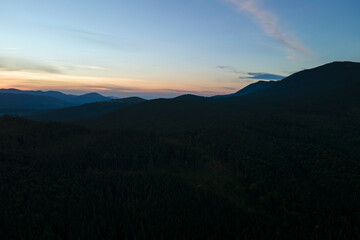 Aerial view of green pine forest with dark spruce trees covering mountain hills at sunset. Nothern woodland scenery from above