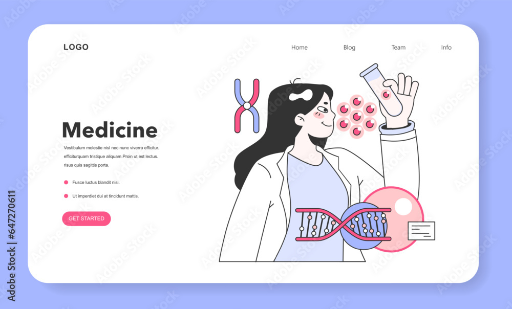 Poster genomics web banner or landing page. scientists analyzing dna helix.