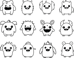 Vector Illustration Set Cute Monster Outline