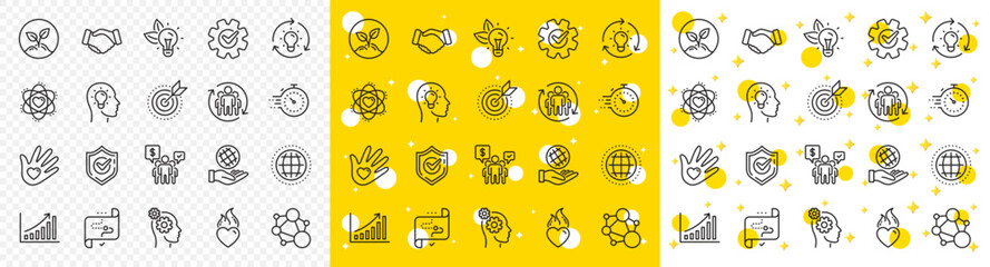 Integrity, Target purpose and Strategy. Core values line icons. Trust handshake, social responsibility, commitment goal icons. Growth chart, innovation, core values network. Vector